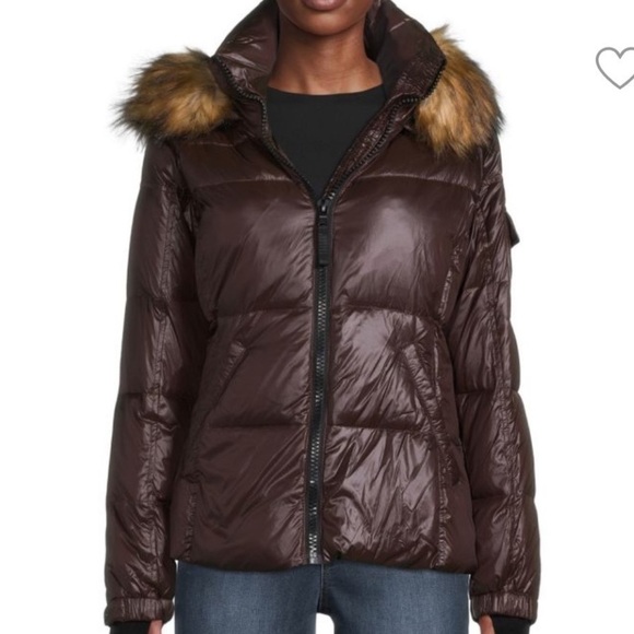 S13 New York Brown Down Puffer Jacket Faux Fur Hood XL NWT Cozy Winter Coat - Picture 6 of 14